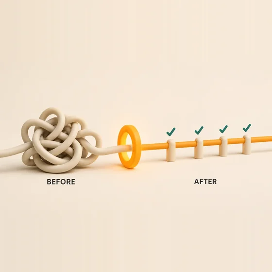 A knotted cord passing through a ring and coming out straight, with ticks along it.