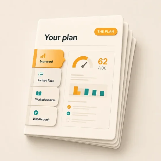 A plan document with a score, ranked fixes, a worked example and a walkthrough.
