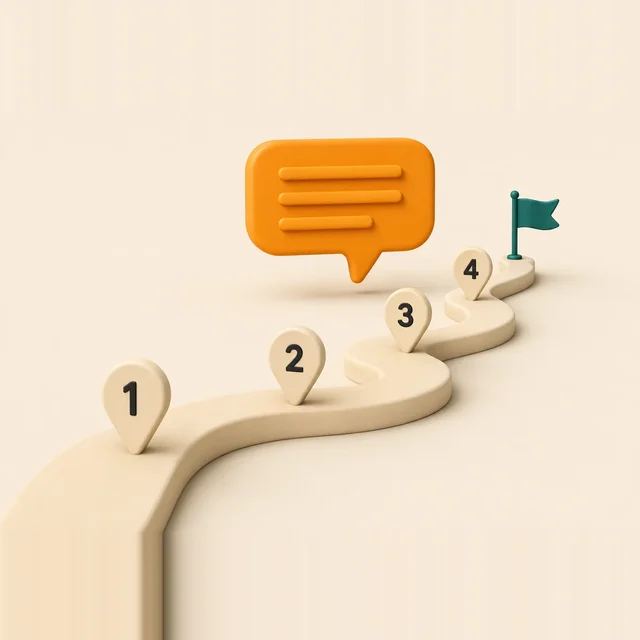 A path with four numbered stops and a speech bubble above it, ending at a flag.